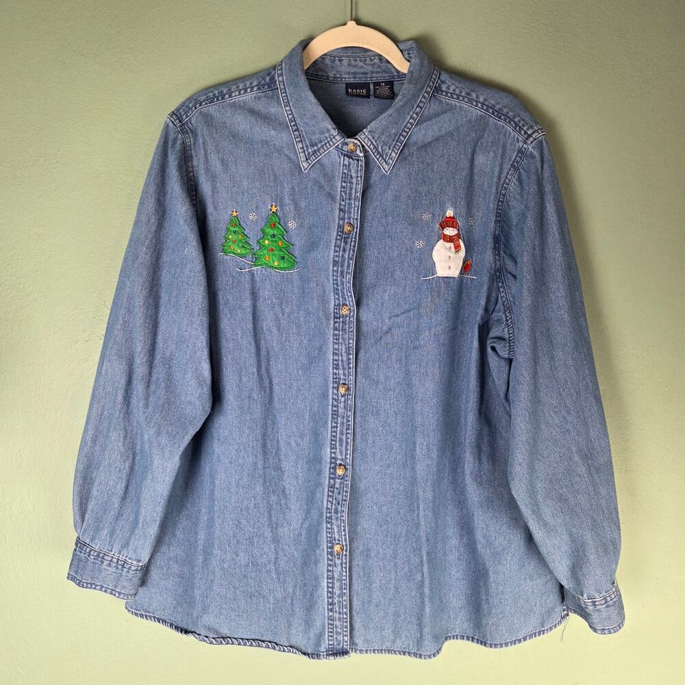 Vintage Basic Editions Womens 1X Embroidered Christmas Tree Button Down Shirt